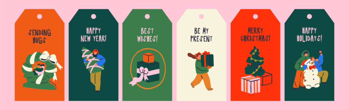 Christmas gift tags set. Xmas labels with tiny people, fir tree, snowman and present boxes. Happy New Year designs with festive scenes, holiday greeting phrases, lettering. Flat vector illustrations.