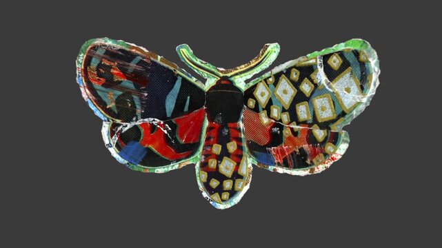 A looping animated drag and drop overlay featuring a colourful mixed-media paper butterfly with realistic flapping motion. 

