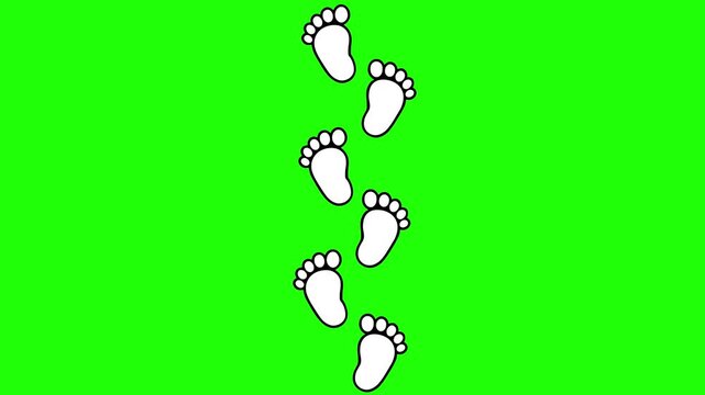 Animation of toddler footprints, small steps, cute and adorable feet, green background, 4K video.