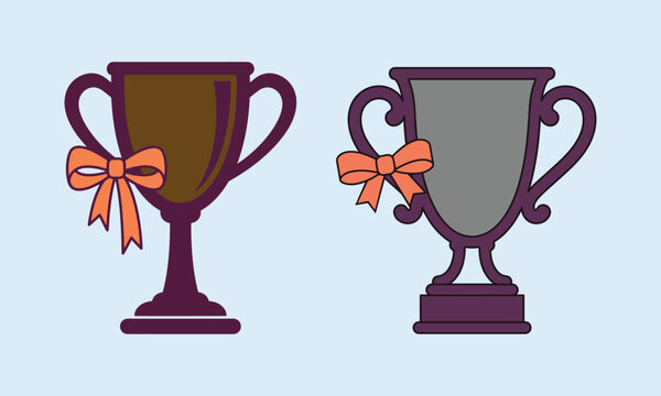 Two decorative championship trophies with elegant ribbon bows for prize winning award concepts and success achievements set.