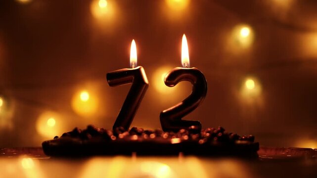 Number candles 72 burn on a cake and are blown out at the end. Warm bokeh lights create a cozy birthday atmosphere