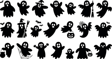 Obraz premium Set of Halloween ghost silhouettes with spooky characters, witch hats, pumpkins, and bats vector illustration