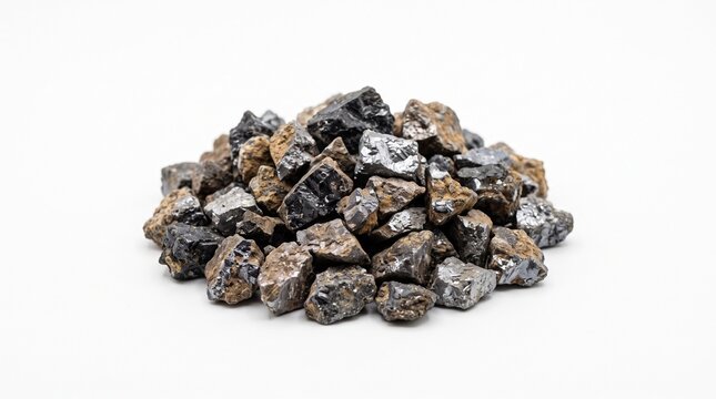 A realistic collection of zinc materials featuring raw zinc ore, sphalerite, smithsonite, crushed ore, mineral concentrate, zinc pellets, refined zinc ingots, metal fragments, and recycled scrap. Isol