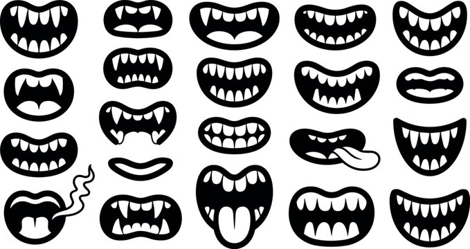 Monster mouth vector set featuring vampire fangs sharp teeth and scary expressions isolated on white background