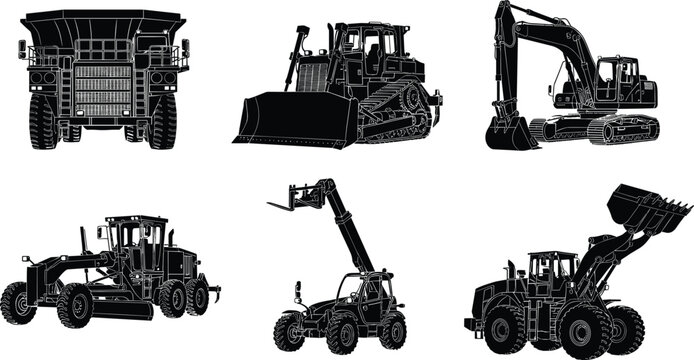 Heavy Construction Machinery Silhouettes Set Including Excavator Bulldozer Dump Truck and Loader Vehicles