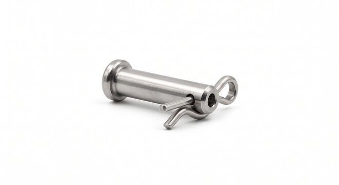 Aviation clevis pin and cotter key. Polished steel pin secured by a stainless steel split cotter pin. Flight control linkage hardware isolated on white.