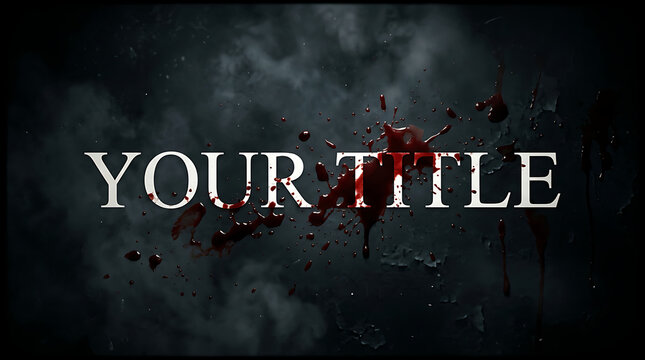 Cinematic horror movie title card with blood splatter effect on dark smoky background