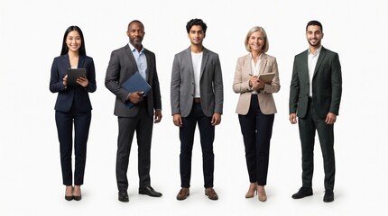 Obraz premium Diverse Professional Business Team of Five Full Body People Isolated on White Background – Corporate Teamwork Concept