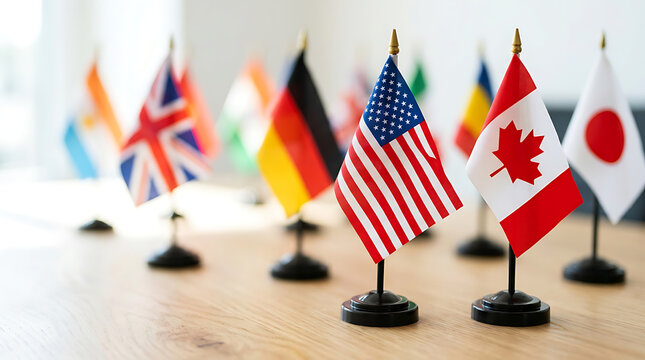 Miniature international flags on a table representing global business and diplomacy
