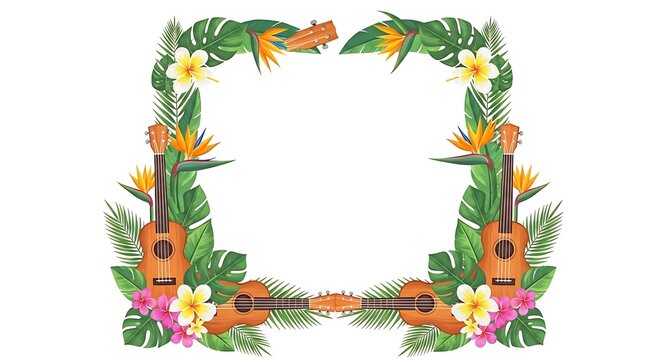 Tropical floral frame border with ukulele guitars and exotic flowers
