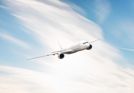 An airplane shakes during turbulence flying air hole - A plane spinning in round clouds - Front view of an airplane 