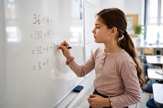 A girl stands at a whiteboard in a classroom. She is solving math problems using a black marker. Other desks are visible in the background. It is morning time