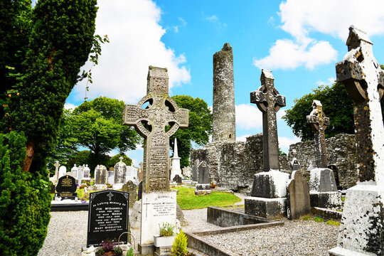 The historic monastery ruin of Monasterboice in County Louth, Ireland, dates back to the 5th and 6th centuries.