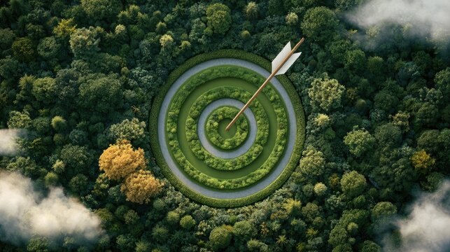 Aerial View of a Circular Target with an Arrow in the Center, Surrounded by Lush Green Forest and Clouds.