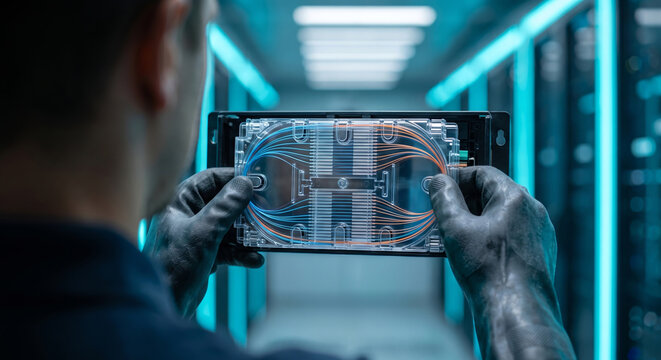 Engineer holding fiber optic patch panel with blue orange light paths in server room.
