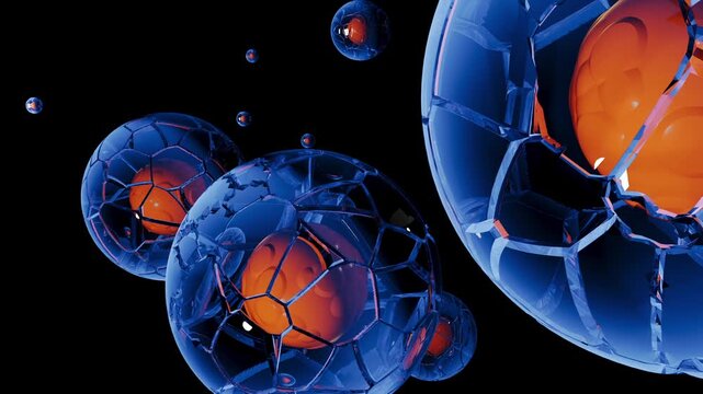 
Transparent, liquid spheres move against a black background like fish eggs.