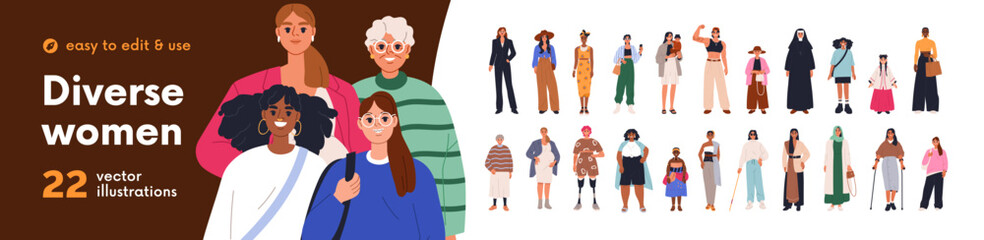 Fototapeta premium Woman characters, diverse women, girls. Happy young and old women, female characters. Diverse different girls, kid student, business worker, person with disability. Isolated flat vector illustrations.