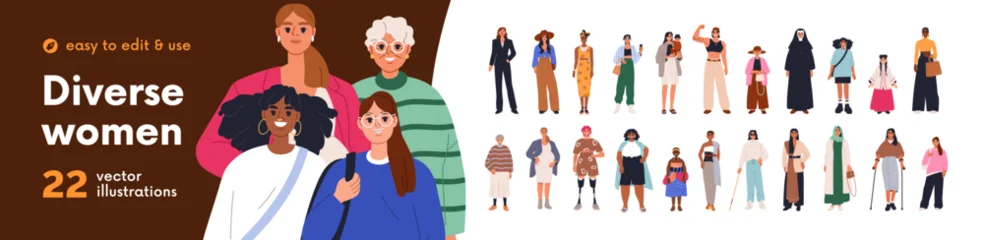 Fotobehang Sportwinkel Woman characters, diverse women, girls. Happy young and old women, female characters. Diverse different girls, kid student, business worker, person with disability. Isolated flat vector illustrations.  © Good Studio