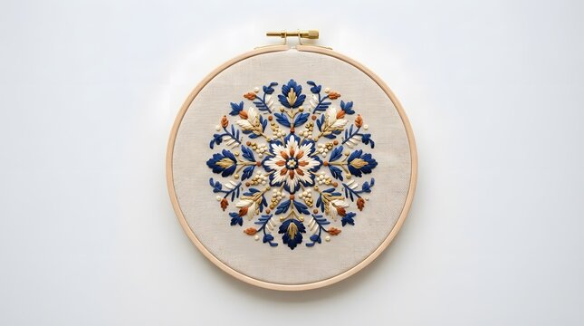 A round wooden hoop holds a detailed embroidery piece featuring a floral pattern. The design includes blue, orange, and beige threads. It is placed on a light surface