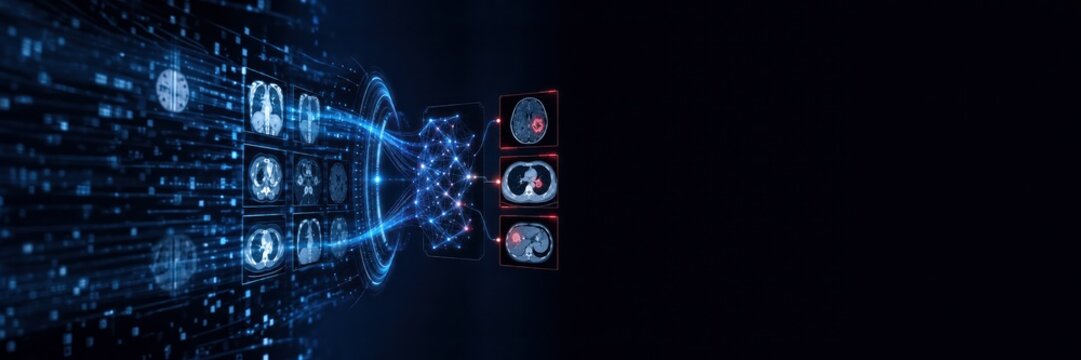 AI analyzing medical scans for lesion detection, diagnostic imaging concept for modern healthcare with copy space