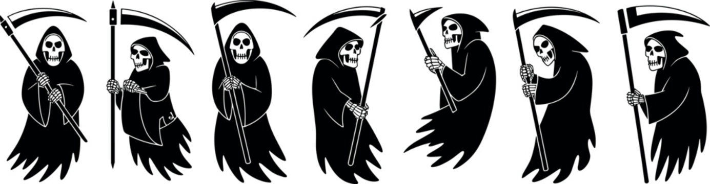 Grim reaper cartoon set with scythe isolated vector black skull ghost character collection halloween dark art tattoo design  elements