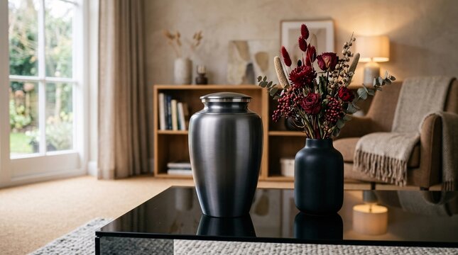 Sleek modern metallic cremation urn in dark grey finish on black glass table, black vase with dried red flowers, warm comforting room