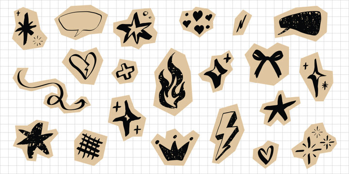Scrapbook paper cutouts featuring hand drawn hearts, sparkles, and lightning bolts. Y2K aesthetic sticker elements perfect for journals, notebooks, and vintage collages.