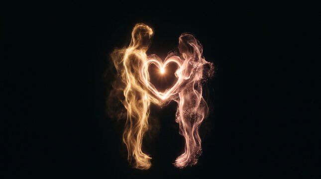 Couple forming heart shape with glowing smoke on dark background  