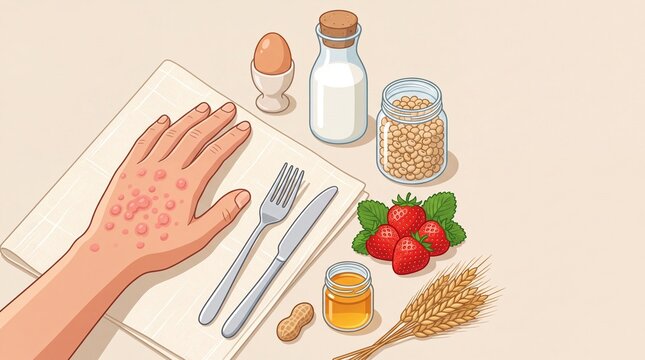 Food allergy skin rash on hand, allergic reaction to common food triggers, dermatitis symptoms from milk and nuts