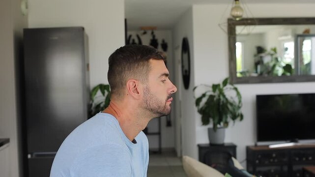 Hunched man dramatically improves pose by straightening back and neck profile.