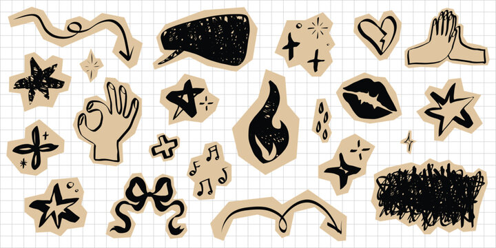 Scrapbook paper cutouts featuring hand drawn hearts, sparkles, and lightning bolts. Y2K aesthetic sticker elements perfect for journals, notebooks, and vintage collages.