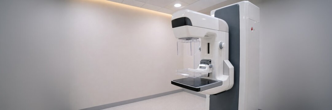 Digital mammography machine in modern clinic, breast cancer screening concept for diagnostic healthcare with copy space