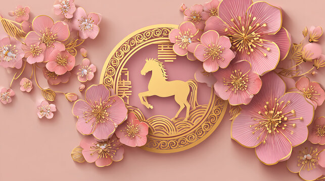 Elegant golden carousel horse emblem surrounded by delicate pink cherry blossoms on a soft pastel background