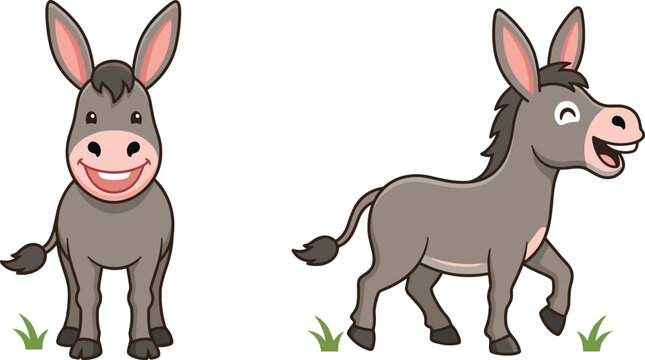 Cute Donkey Cartoon Characters Set with Standing and Walking Poses for Kids Story Book Illustration Farm Animal Mascot and Educational Graphic Design Vector