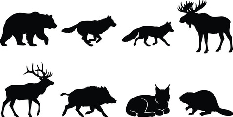 Obraz premium Woodland Animal Silhouette Icons Featuring Bear, Moose, Deer, and More