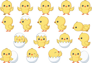 Fototapeta premium Cute Baby Chick Vector Set with Cartoon Chicken Hatching from Egg in Different Poses Illustration for Kids