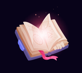 Fototapeta premium Open magic book for game, fantasy, spell. Old magic book with open pages, fantasy light, dust glow. Wizard fairytale. Vintage fairy tale library. Vector illustration for mystery education.