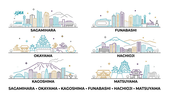 Vector set of colorful line art Japanese city skylines and historic landmarks including Sagamihara, Funabashi, Okayama, Hachioji, Kagoshima, and Matsuyama with decorative elements