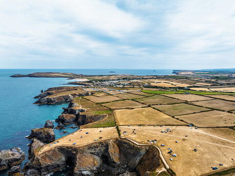 Farms and Fields over Cliffs and Porthcothan Bay from a drone, Porthcothan, Padstow, Cornwall, England, United Kingdom, Summer 2026
