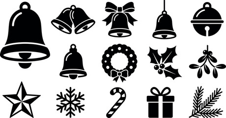 Naklejka premium Christmas Jingle Bells and Holiday Celebration Black Silhouette Icons Set for Seasonal Graphic Design