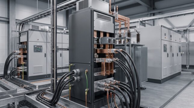 Industrial Electrical Power Distribution Equipment with High Voltage Cables and Copper Busbars
