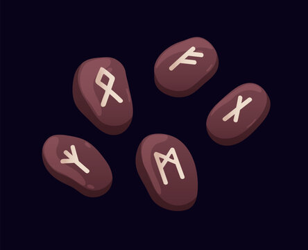 Rune stones, ancient nordic viking signs. Viking runes for game. Nordic runic alphabet stones with ancient magic signs. Wood oracles with Scandinavian Norse language. Vector illustration.