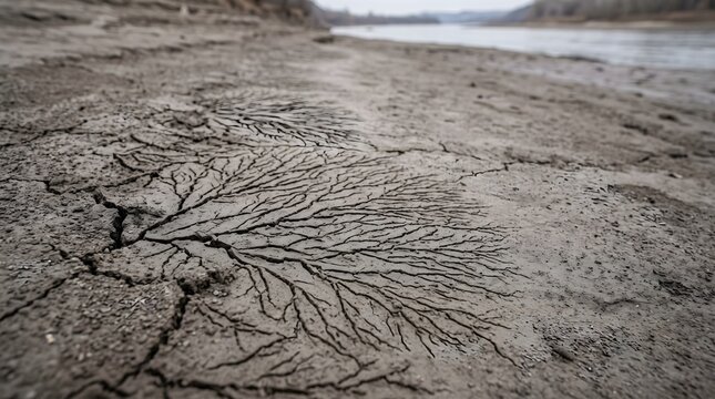 Close-up of intricate drying patterns, cracks, and branching fissures in river silt and mud on a riverbank during low water.