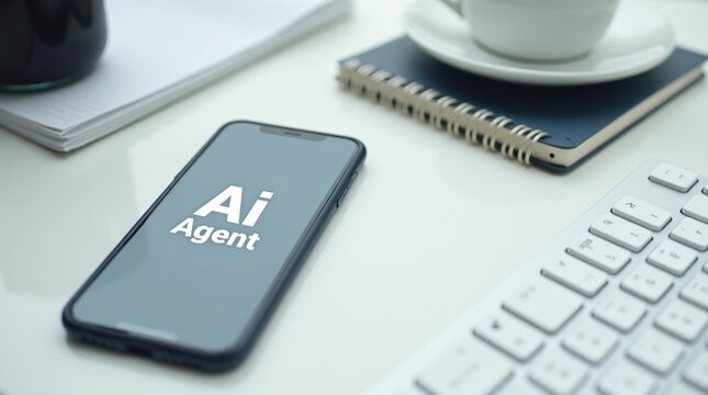 Un tel&eacute;fono inteligente moderno sobre un escritorio minimalista que muestra una interfaz limpia etiquetada como AI Agent, rodeado por un teclado inal&aacute;mbrico