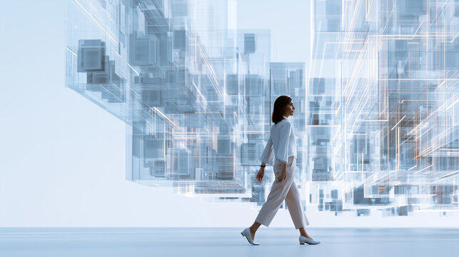 Professional Businesswoman Navigating a Futuristic Glowing Maze of Digital Documents
