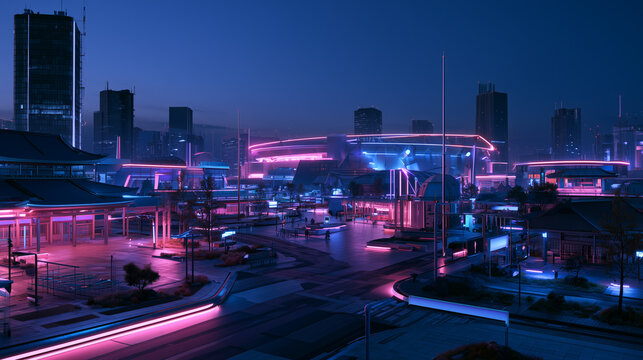Futuristic Smart City and Experiential Fan Zone at Night with Neon Lights