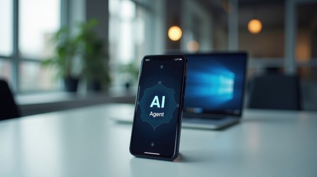 Smartphone colocado sobre un escritorio de oficina de estilo contempor&aacute;neo que muestra un agente de IA
