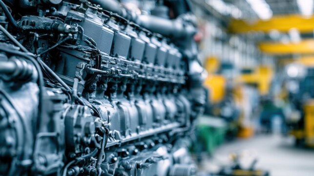 View of a large, complex industrial engine with numerous pipes and components in a factory setting