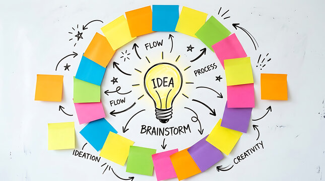 Hand-drawn lightbulb brainstorming sketch with colorful idea and creativity concept words on chalkboard