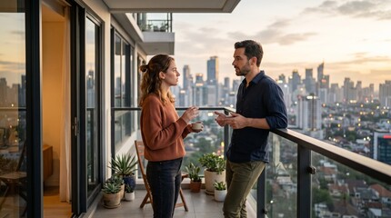 Fototapeta premium Young couple having a conversation while standing on modern apartment balcony with city skyline view at sunset